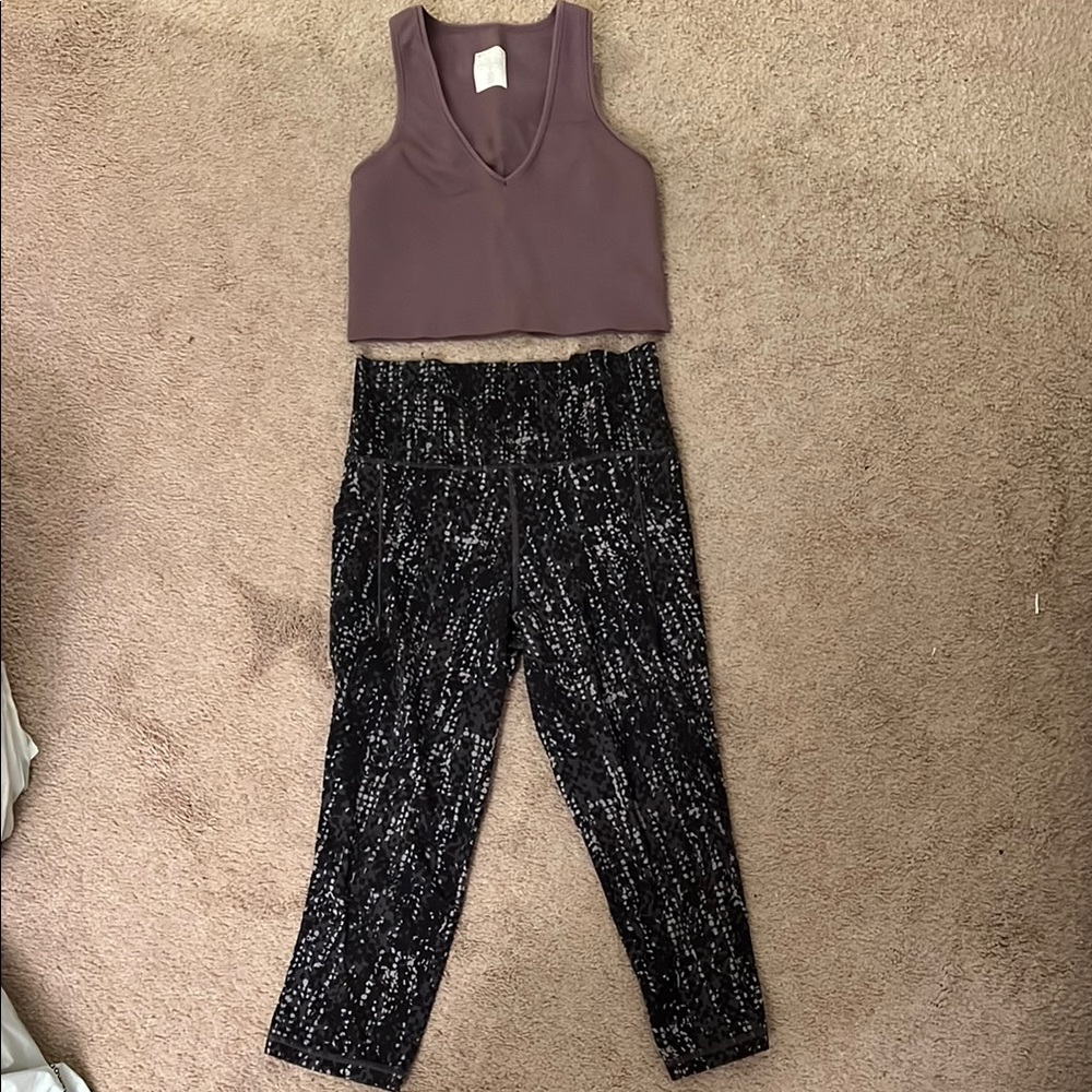 Athleta Purple Crop Top and Black Patterned Leggings Set